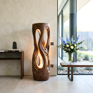 Luminous Flow Wood Floor Lamp with Organic Openwork