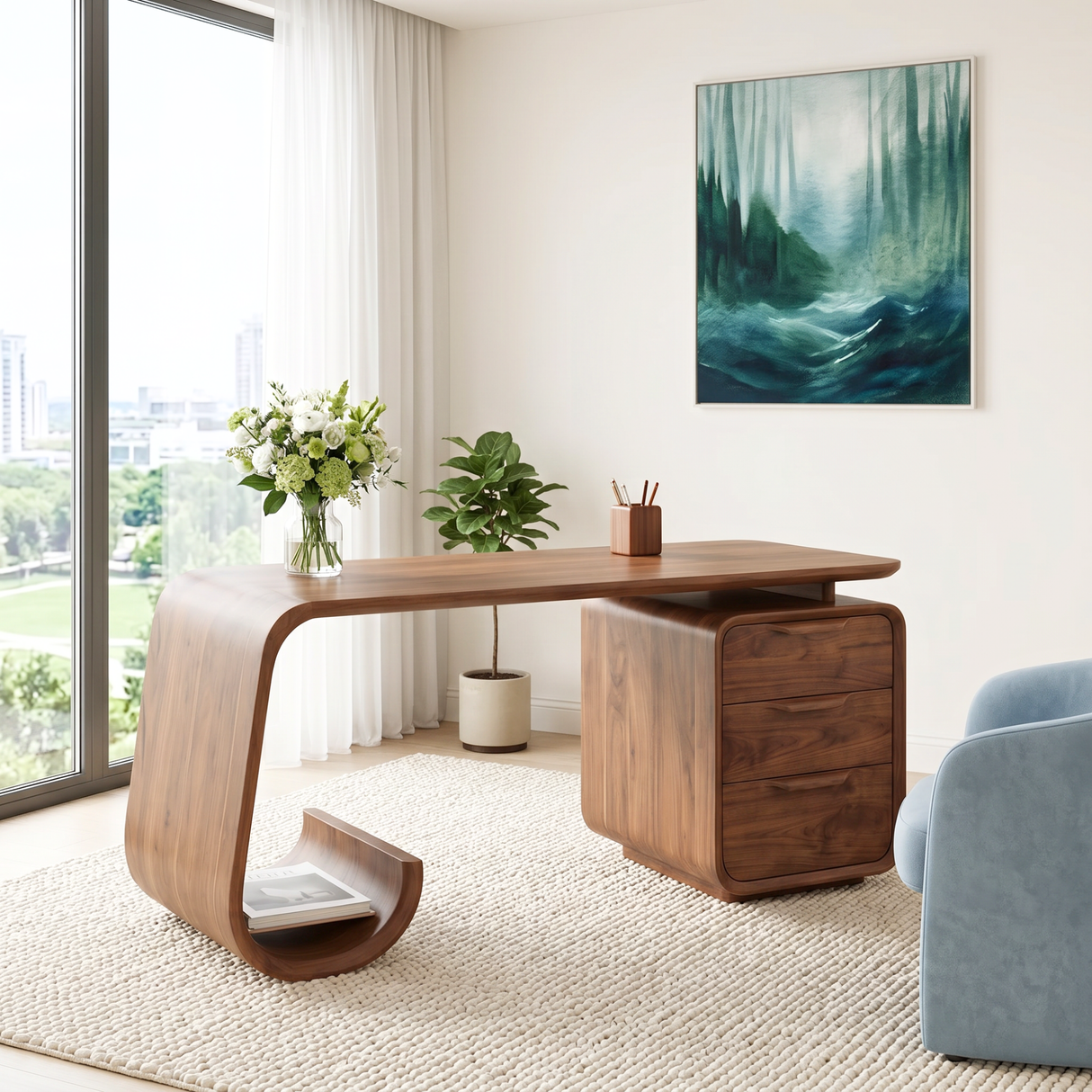 Organic Solid Wood Desk with Waterfall Shelf and Drawer Pedestal