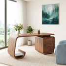 Organic Solid Wood Desk with Waterfall Shelf and Drawer Pedestal
