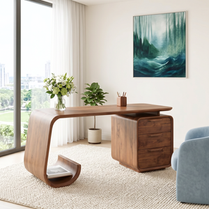 Organic Solid Wood Desk with Waterfall Shelf and Drawer Pedestal