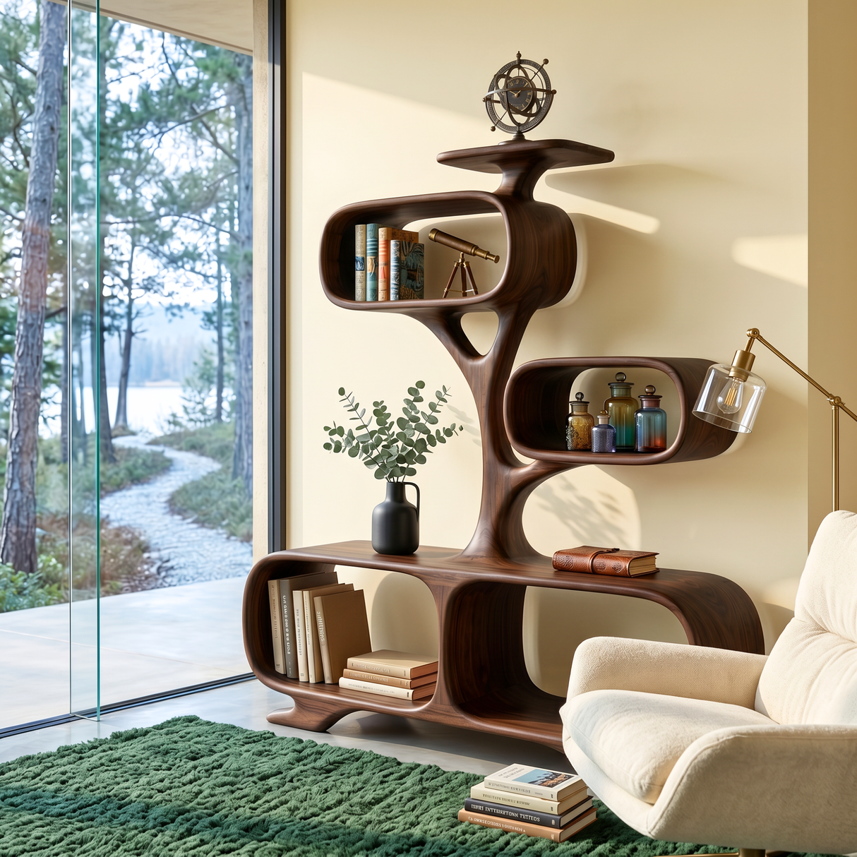 Organic Solid Wood Display Shelf with Tree-Inspired Open Compartments