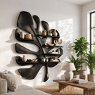 Solid Wood Tropical Leaf Wall Sculpture with Integrated Display Shelves for Living Room Decor