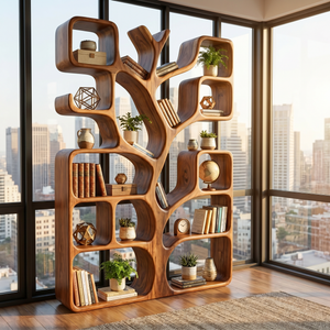 Handcrafted Solid Wood Tree Bookshelf with Organic Open Display Shelves