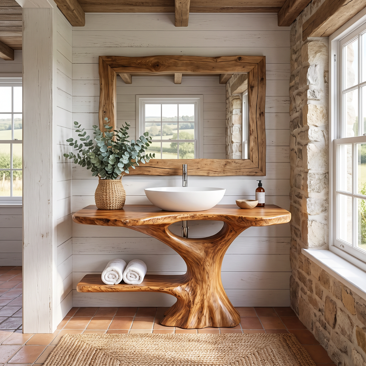 Bathroom Vanity Solid Wood with Organic Trunk Pedestal and Side Shelf for Powder Room