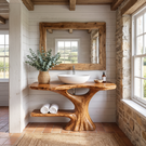 Bathroom Vanity Solid Wood with Organic Trunk Pedestal and Side Shelf for Powder Room