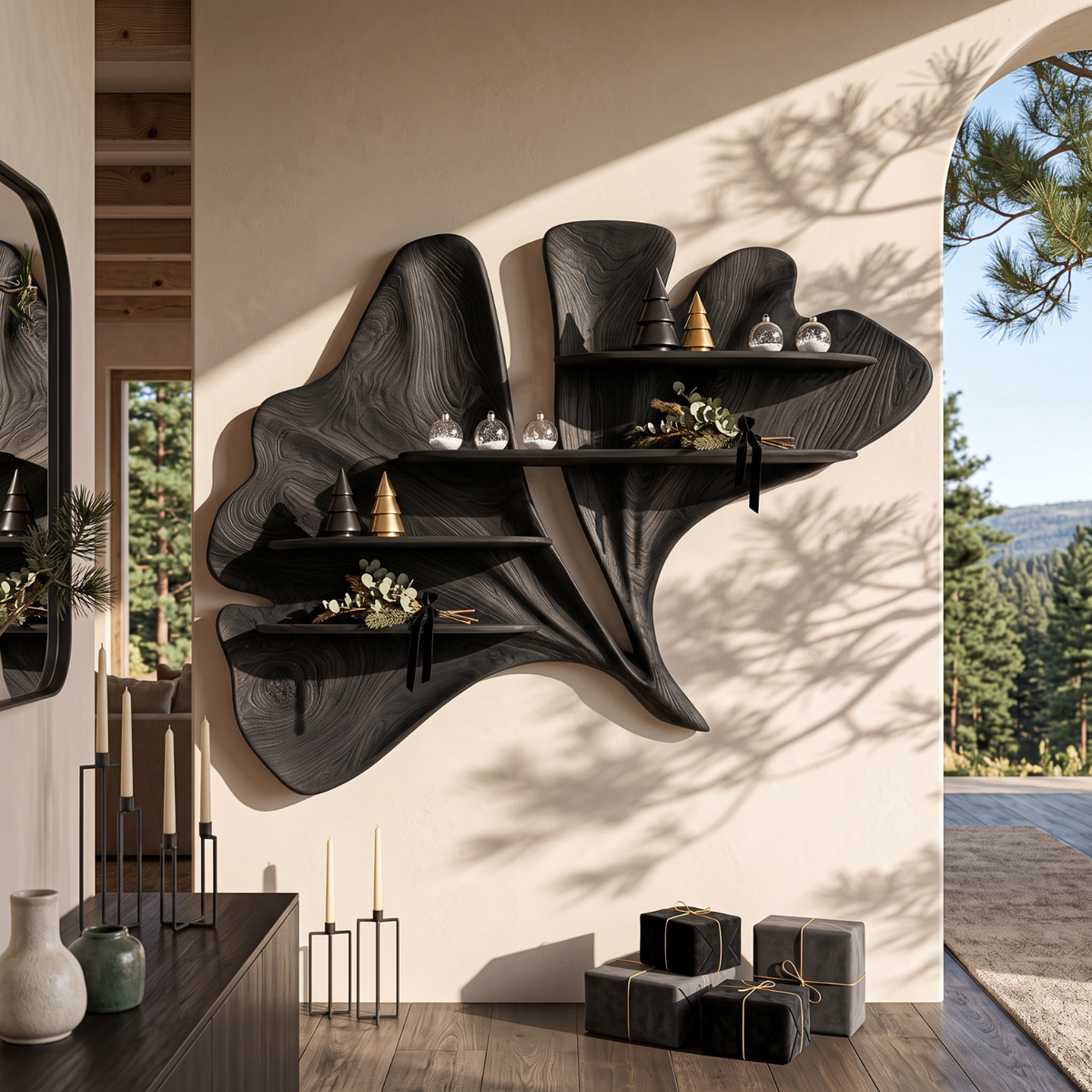 Sculptural Solid Wood Wall Shelf with Flowing Leaf Form and Floating Shelves