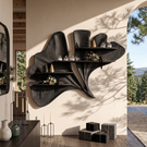 Sculptural Solid Wood Wall Shelf with Flowing Leaf Form and Floating Shelves