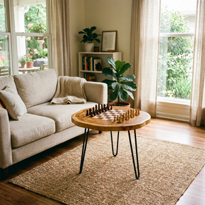 Handcrafted Solid Wood Chess Coffee Table with Organic Round Top and Hairpin Legs