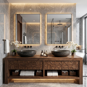 Modern Solid Wood Bathroom Vanity Cabinet With Geometric Carved Design