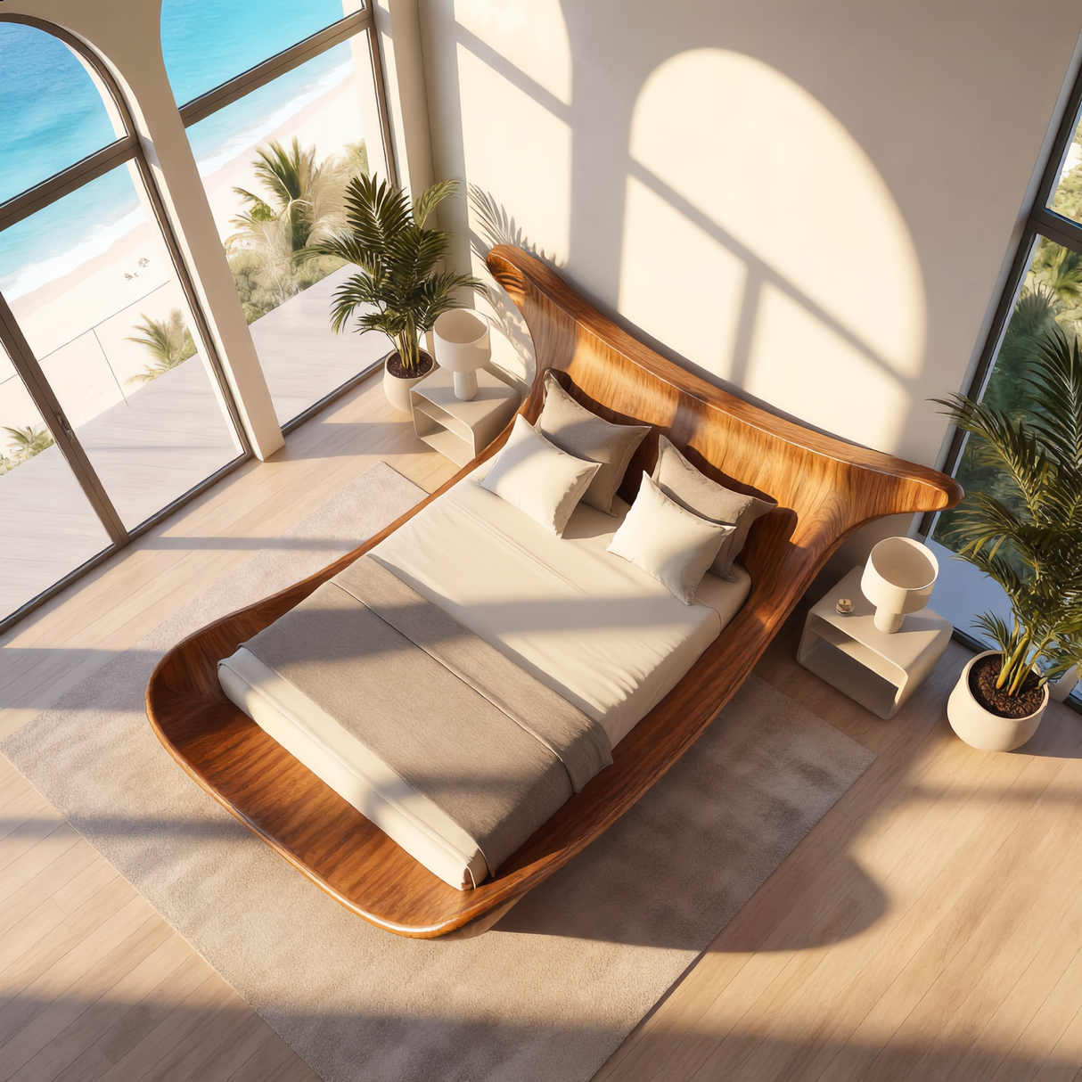 Wave Solid Wood Bed Frame with Sculptural Headboard