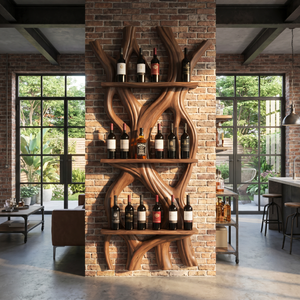 Sculptural Wooden Wine Display Organic Wall Mounted Bottle Rack