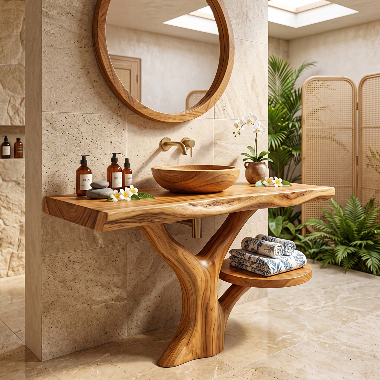 Bathroom Vanity Solid Wood with Tree Inspired Pedestal and Side Shelf for Spa Bathroom