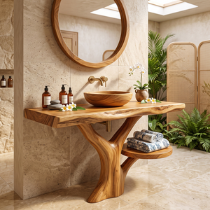 Bathroom Vanity Solid Wood with Tree Inspired Pedestal and Side Shelf for Spa Bathroom