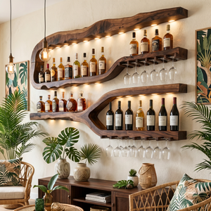 Luxury Solid Wood Wine Rack Wall Shelf With Glass Holder