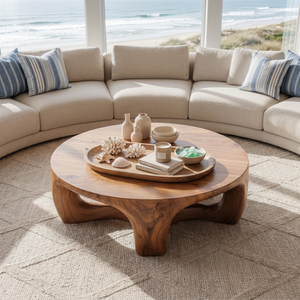 Round Solid Wood Coffee Table with Sculptural Open Base