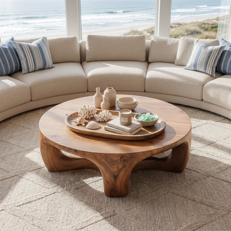 Round Solid Wood Coffee Table with Sculptural Open Base