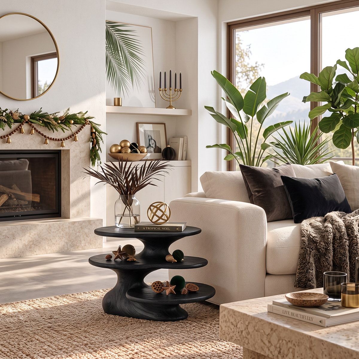 Sculptural Solid Wood Side Table with 3 Tier Shelves for Living Room Decor