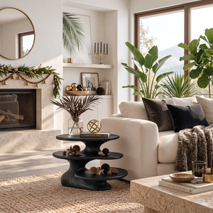 Sculptural Solid Wood Side Table with 3 Tier Shelves for Living Room Decor