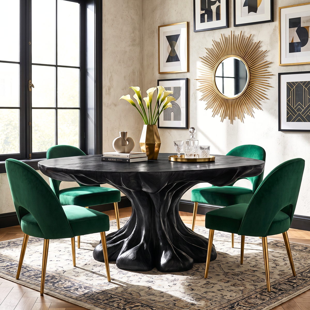 Dining Table with Flowing Pedestal Base and Organic Wood Top