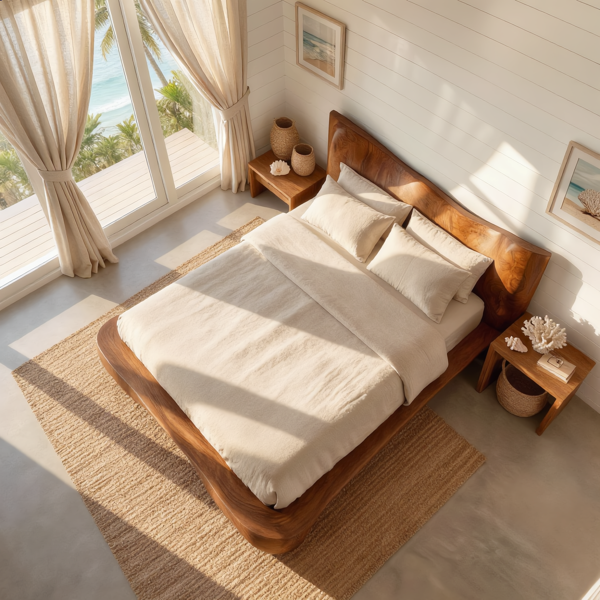 Organic Curve Solid Wood Bed with Artistic Headboard