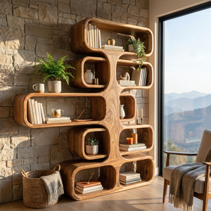 Organic Solid Wood Tree Bookshelf with Sculptural Open Shelves