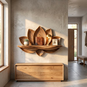 Natural Solid Wood Lotus Flower Wall Shelf with Sculpted Petal Back