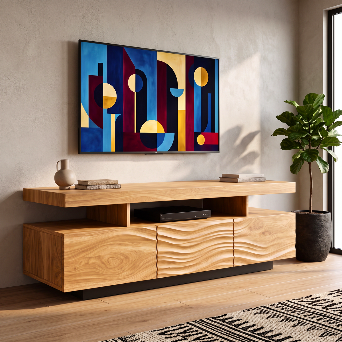 Solid Wood TV Stand with Floating Top and Sculpted Wave Front Cabinet
