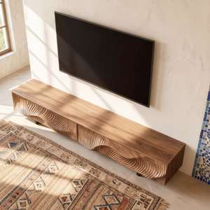 Architectural Wood TV Cabinet with Flowing Relief Front