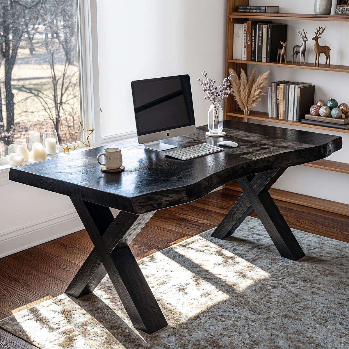 Live Edge Solid Wood Desk with Sculptural X Legs for Home Office