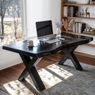 Live Edge Solid Wood Desk with Sculptural X Legs for Home Office