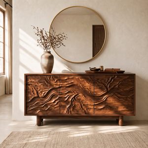 Sideboard Cabinet Solid Wood with Sculpted Flowing Relief Doors