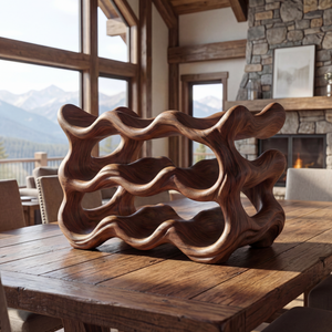 Modern Sculptural Solid Wood Wine Rack Wave Carved Multi Level Bottle Holder for Countertop