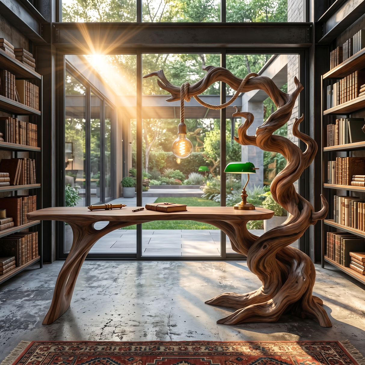 Twisted Tree Wood Desk With Hanging Lamp Organic Sculptural Office Table