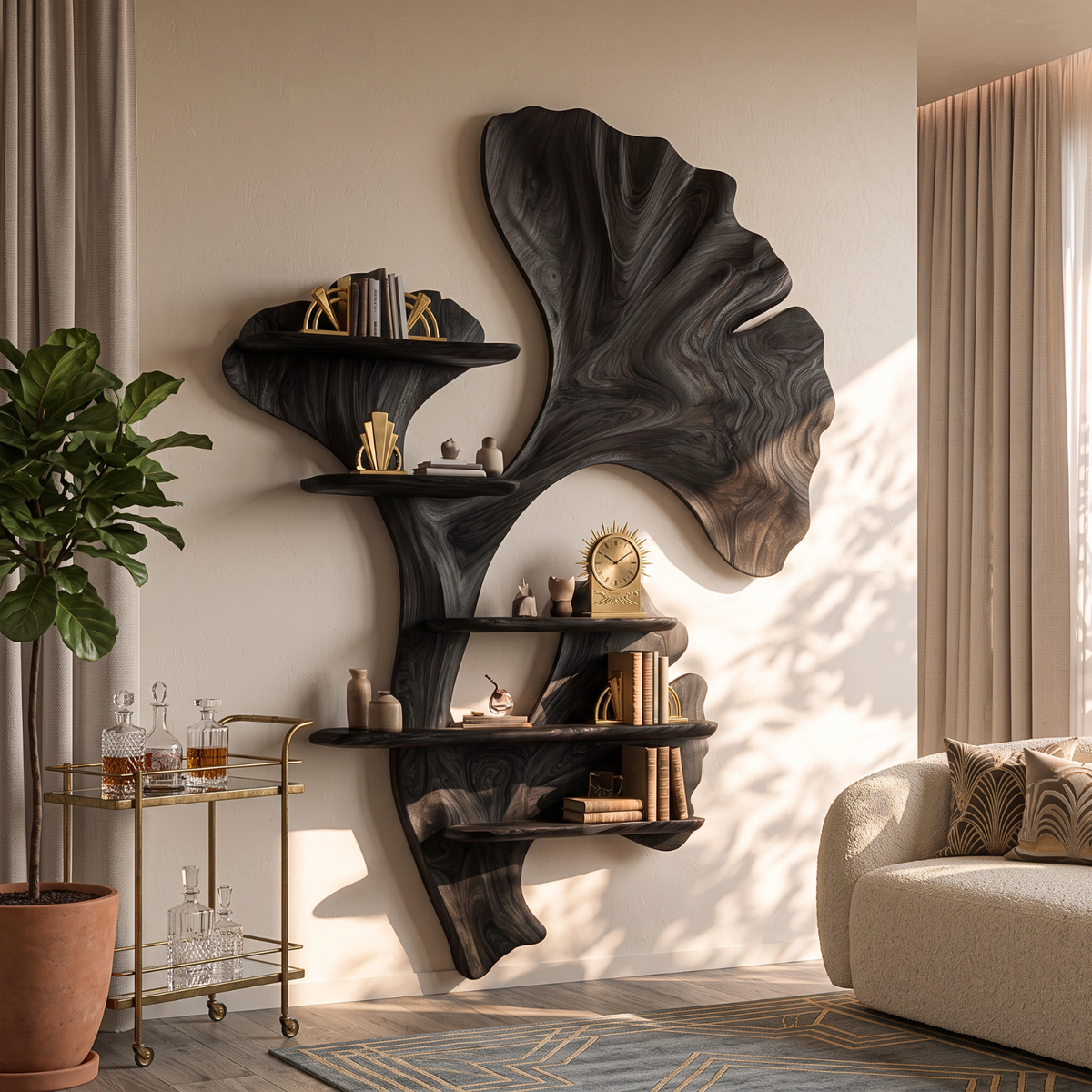 Ginkgo Leaf Solid Wood Wall Shelf with Sculptural Botanical Design