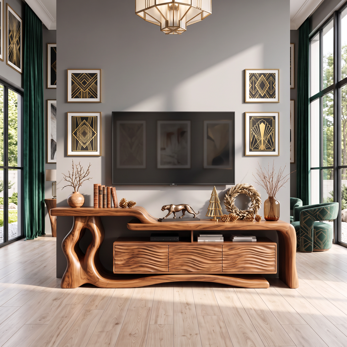 TV Stand with Sculptural Tree Root Frame and Wave Carved Cabinet Doors