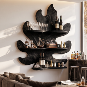 Tropical Leaf Solid Wood Wine Rack with Sculptural Wall Shelves