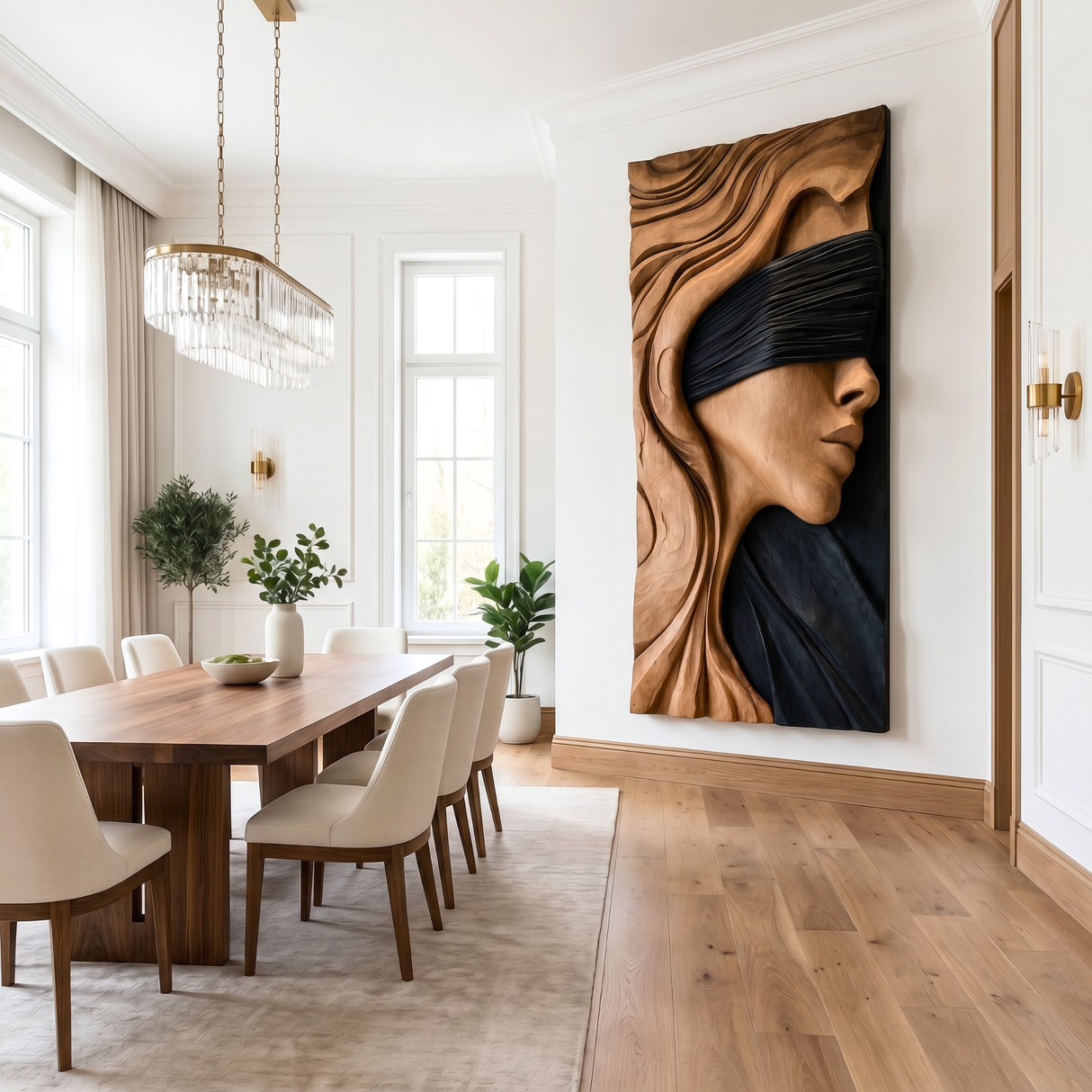 Handmade Blindfold Woman Wooden Wall Sculpture Panel
