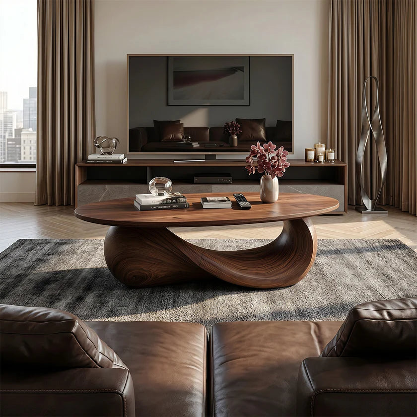 Organic Solid Wood Coffee Table Sculpted Loop Base