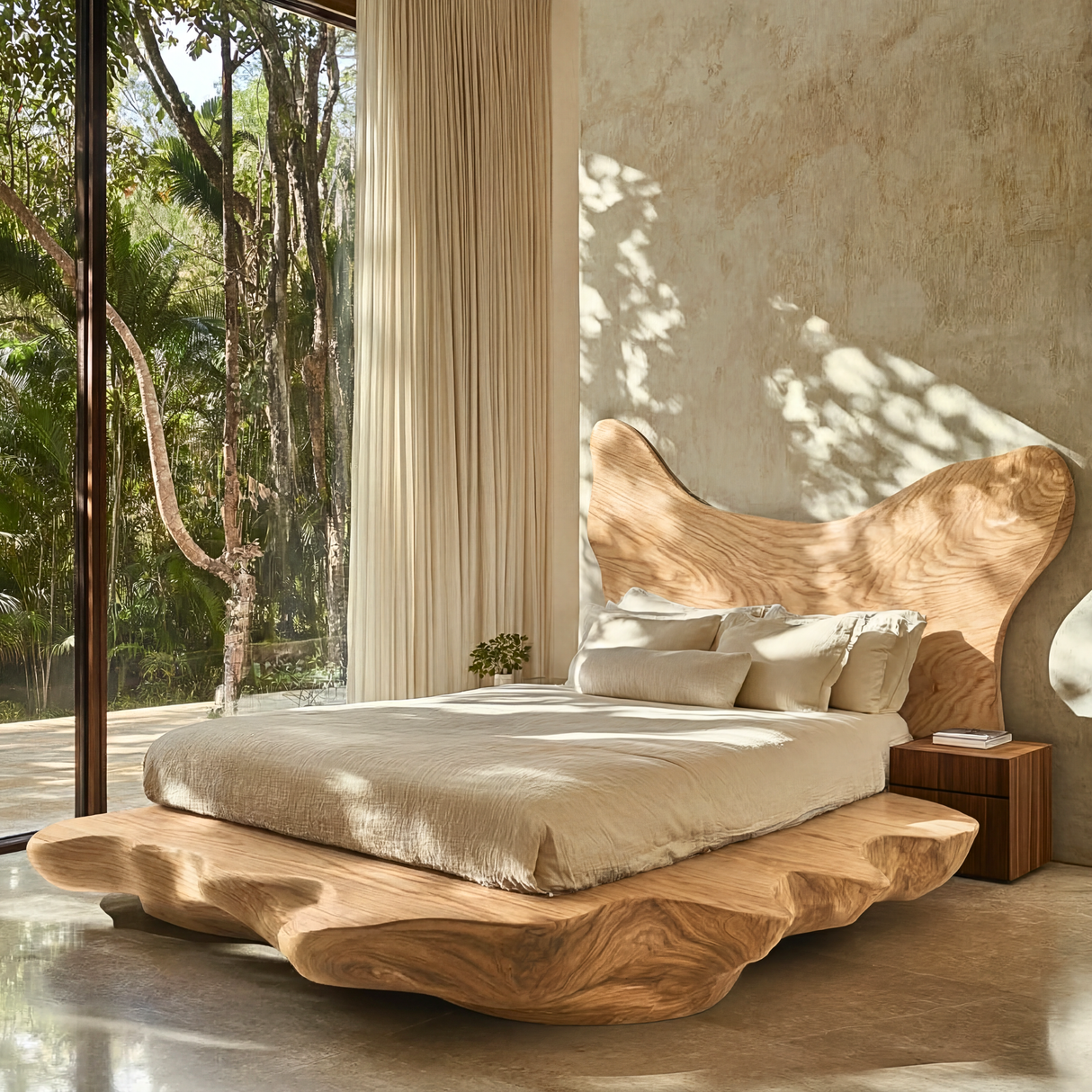 Sculptural Solid Wood Bed Frame with Organic Live Edge Platform, Statement Bed for Organic Modern Bedrooms