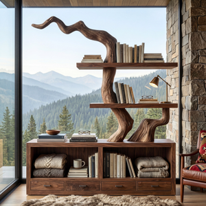 Solid Wood Bookshelf with Sculptural Tree Form and Storage Base