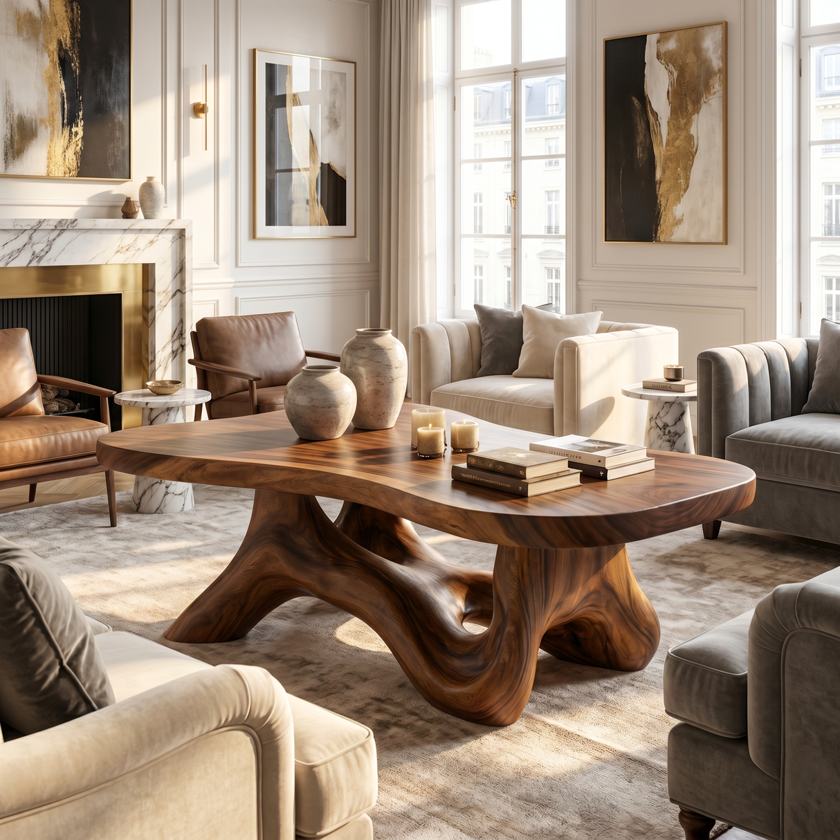 Handmade Solid Wood Coffee Table with Root-Like Sculptural Base