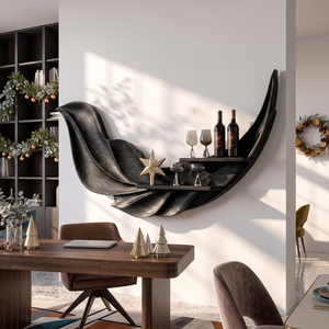 Sculptural Feather Wall Mounted Wine Holder in Solid Wood with Display Shelves