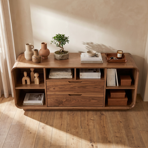 Solid Wood Rounded Corner Sideboard with Drawers and Open Shelves