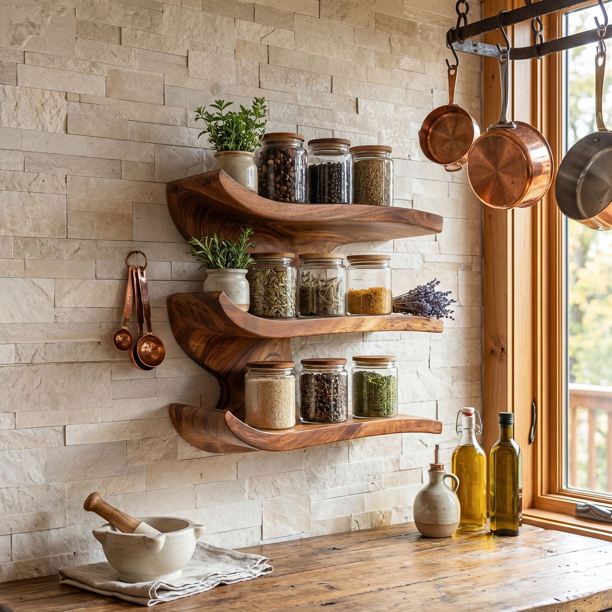 Solid Wood Three Tier Curved Spice Rack with Sculptural Wall Mounted Design
