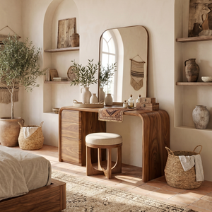 Rounded Solid Wood Vanity Table with Waterfall Side and Drawer Storage