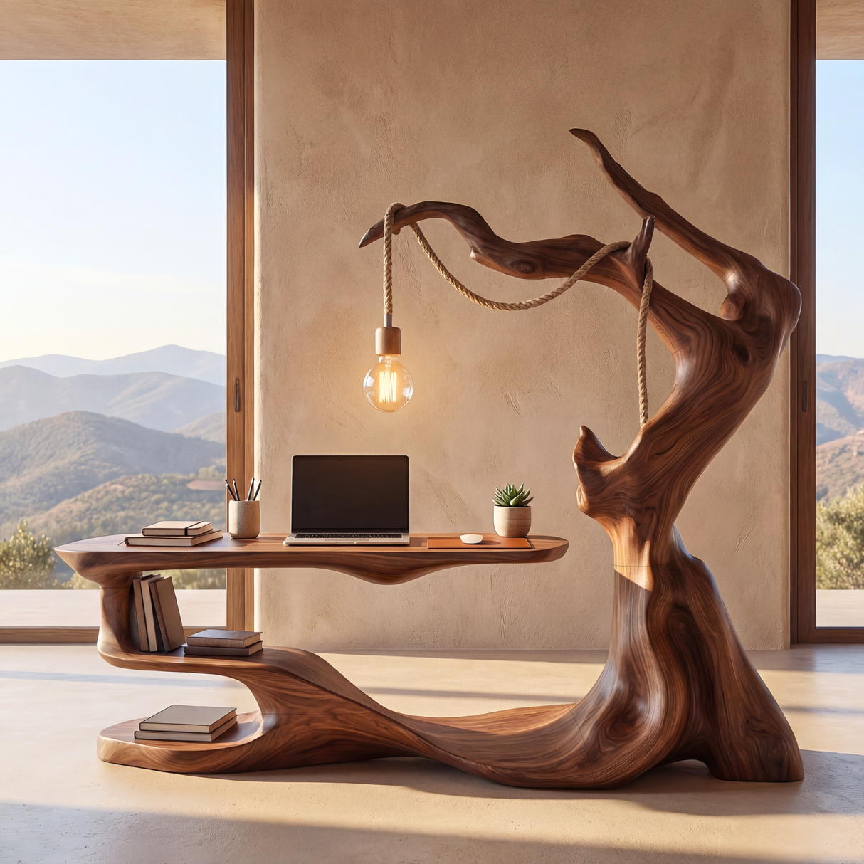 Sculptural Wood Reading Table with Integrated Hanging Lamp
