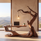 Sculptural Wood Reading Table with Integrated Hanging Lamp