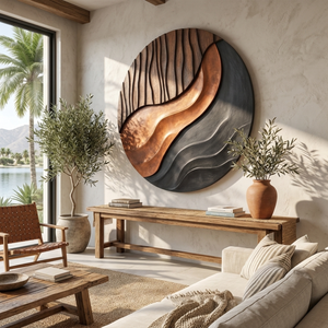 Solid Wood Round Wall Art with Layered Wave Relief for Living Room Decor