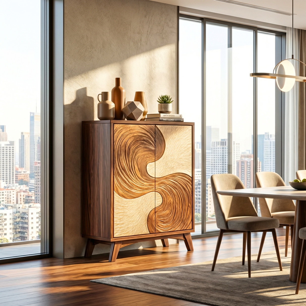 Solid Wood Sideboard with Flowing Wave Sculptural Doors for Modern Interiors