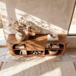 Sculptural Solid Wood Sideboard with Center Drawers and Rounded Open Shelves, Organic Modern Storage Cabinet